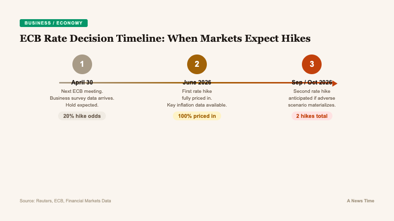 Timeline showing ECB rate decision path from April 30 hold through June hike to September second hike