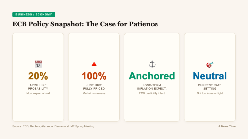Key statistics card showing 20 percent April hike odds and 100 percent June hike pricing with anchored inflation expectations
