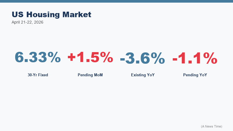 Dual axis chart showing 30-year mortgage rates from 2022 to April 2026 alongside existing home sales monthly volumes indicating affordability compression