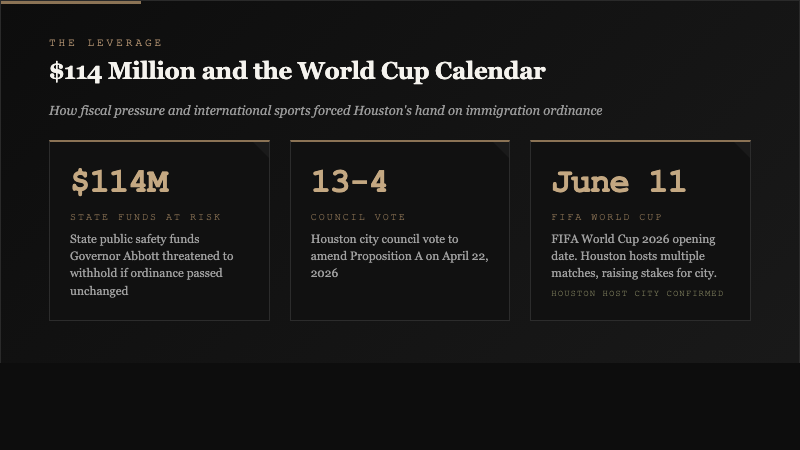 Three stats card showing $114 million in threatened state public safety funds, 13-4 Houston council vote, and June 11 FIFA World Cup 2026 opening date