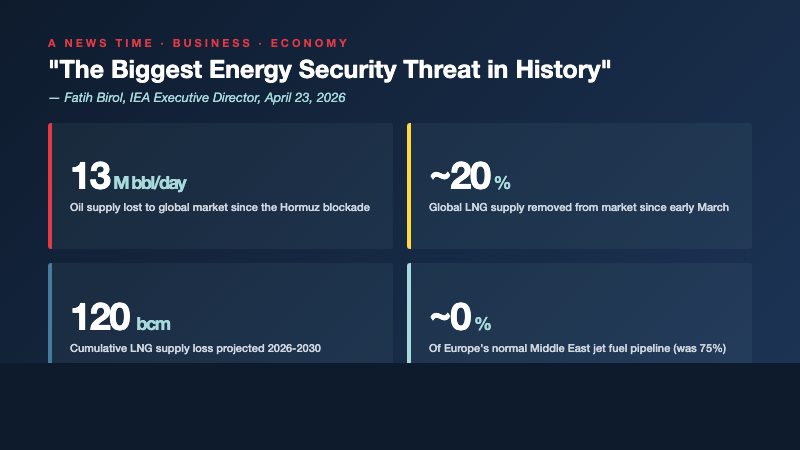 Stats card showing 13 million barrels per day of oil lost, 20 percent of global LNG removed, 120 billion cubic meters cumulative supply loss, and Europe jet fuel pipeline at zero