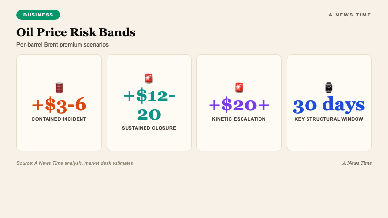 Business data visualization showing oil price risk scenarios tied to Iran diplomatic collapse April 2026 with Brent crude brackets by sustained versus contained outcomes