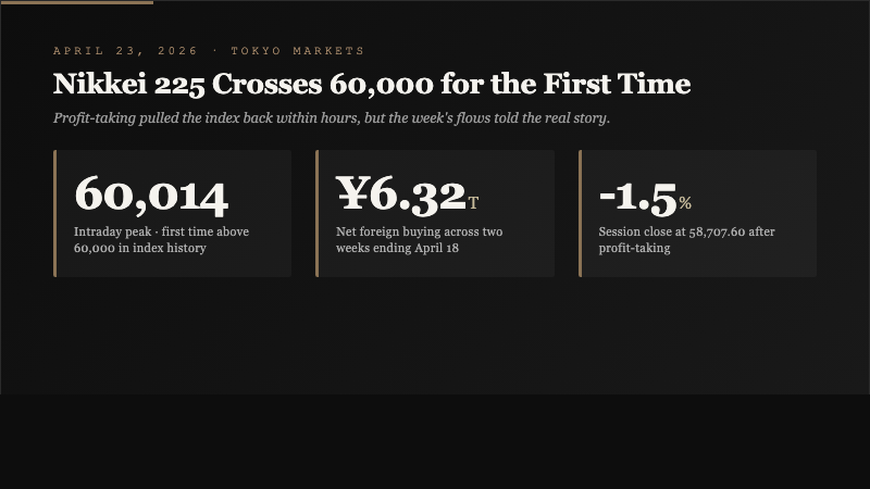 Key stats visualization showing Nikkei 225 crossed 60,014 intraday, 6.32 trillion yen foreign buying across two weeks, and a 1.5 percent session close decline