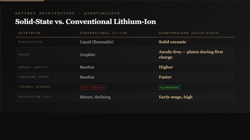 Comparison table of solid-state and conventional lithium-ion battery architectures showing electrolyte, anode, energy density, charging speed, safety, and cost differences
