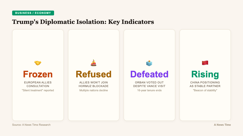 Key statistics card showing allies frozen out of consultations blockade refused and Orban defeated in Hungary elections