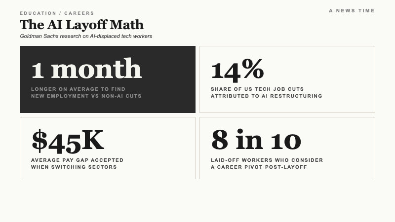 Stats card showing AI-displaced tech workers take one month longer to find jobs, 14 percent of cuts from AI, 45K dollar pay gap, and 8 in 10 workers consider pivots