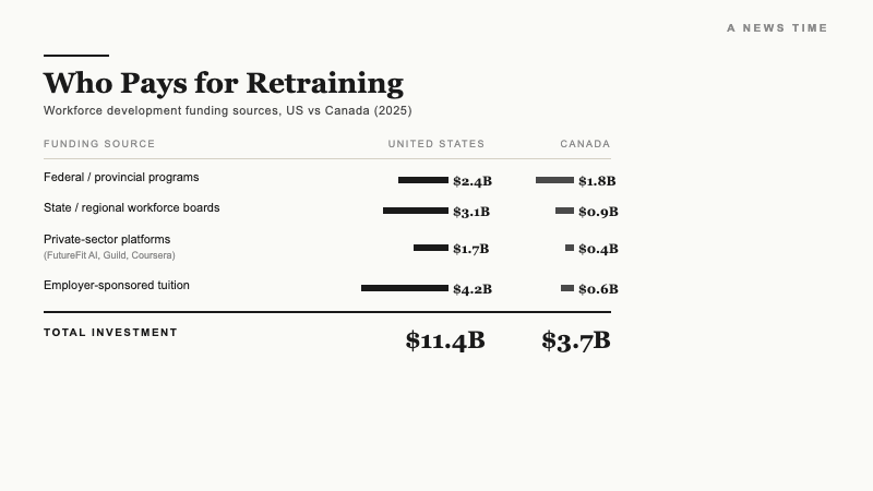 US versus Canada comparison of workforce retraining funding sources showing $11.4 billion total in US versus $3.7 billion in Canada across federal, state, private, and employer
