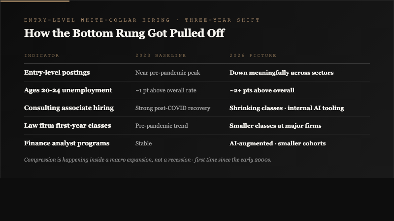 Data comparison table showing entry-level white-collar hiring indicators from 2023 baseline to 2026 picture including postings, ages 20-24 unemployment, consulting associate programs, law firm first-year classes, and finance analyst programs