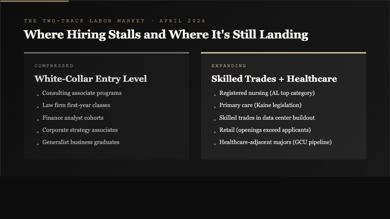 Split panel visualization contrasting compressed white-collar entry level categories including consulting associates and law firm first years with expanding skilled trades and healthcare categories including nursing and primary care
