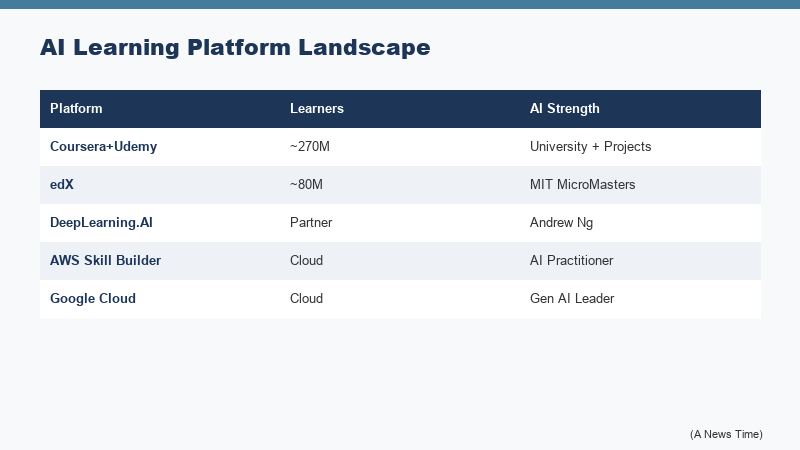 Chart of AI course growth from 2024 to 2026 showing prompt engineering LLM development cloud certifications and university specializations across platforms