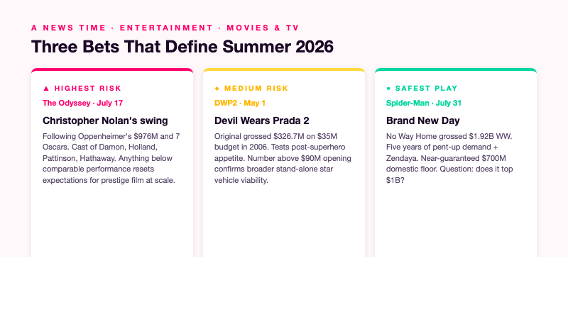 Stats card with original film 2006 box office of $326.7 million, 20 years since the original, five Hathaway films in 2026, and the May 1 slot historically reserved for Marvel