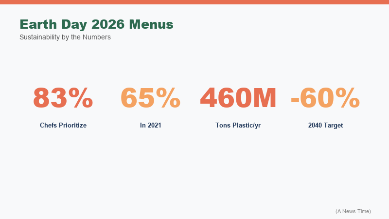 Infographic showing chef mentions of sustainable sourcing plant-forward cooking and zero waste kitchens rising across 2021 2023 and 2026 culinary surveys