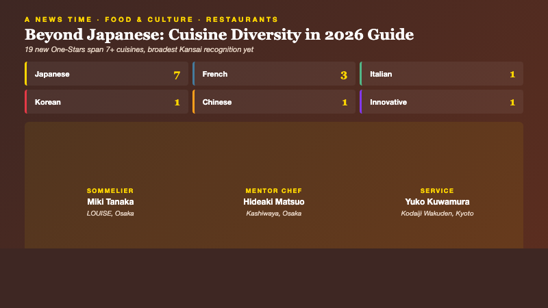 Cuisine breakdown chart showing Japanese French Italian Korean Chinese and Innovative new One Star awards plus the three career awards for sommelier mentor chef and service