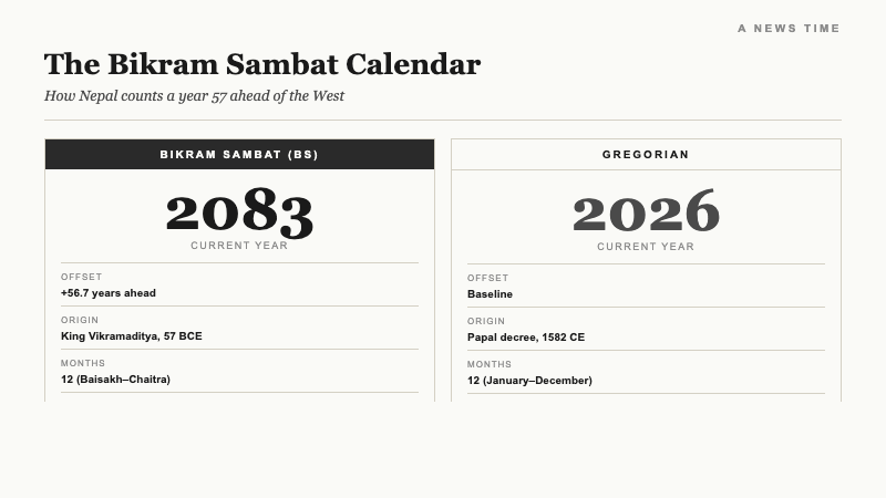 Side by side comparison of Bikram Sambat calendar showing year 2083 versus Gregorian calendar showing 2026 with offset origin and months