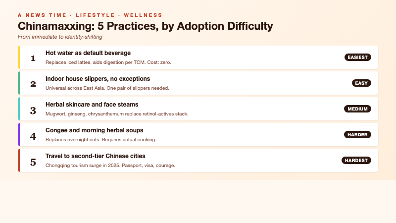 Five practice ladder from hot water as default beverage to indoor slippers, herbal skincare, congee mornings, and travel to Chongqing