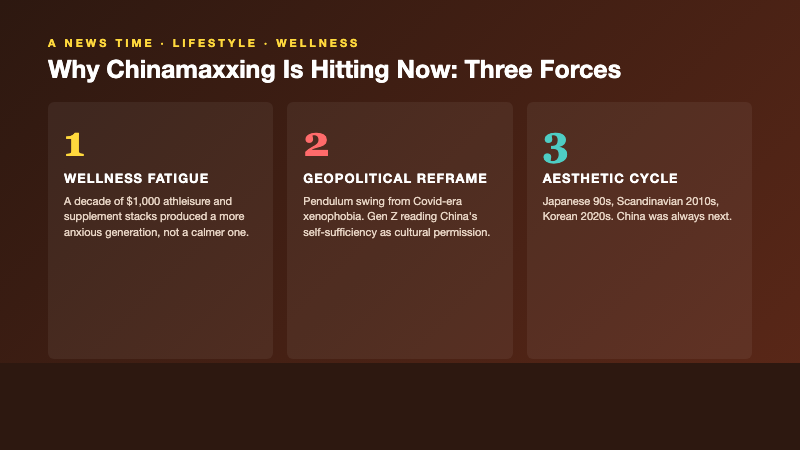 Three force breakdown showing wellness fatigue, geopolitical reframing, and the consumer aesthetic cycle as drivers of Chinamaxxing in 2026