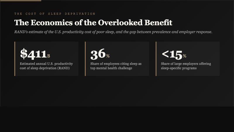 Three stat card showing 411 billion dollar estimated U.S. productivity cost of sleep deprivation, 36 percent of employees citing sleep as top mental health challenge, and fewer than 15 percent of large employers offering sleep-specific programs