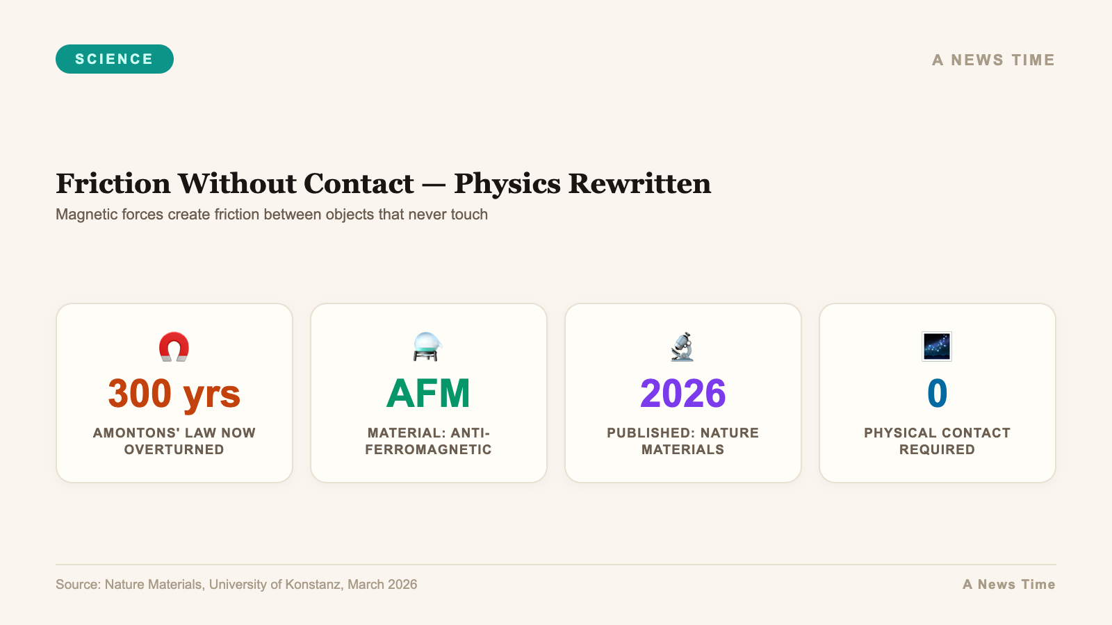 Infographic illustrating contactless magnetic friction discovery overturning 300-year-old physics law