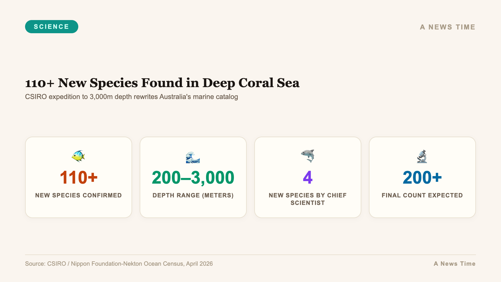 Infographic showing 110 new species discovered in Coral Sea deep ocean scientific expedition