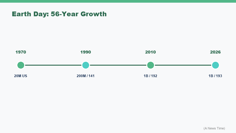 Timeline infographic of Earth Day milestones from 1970 founding through 2026 showing global participant growth