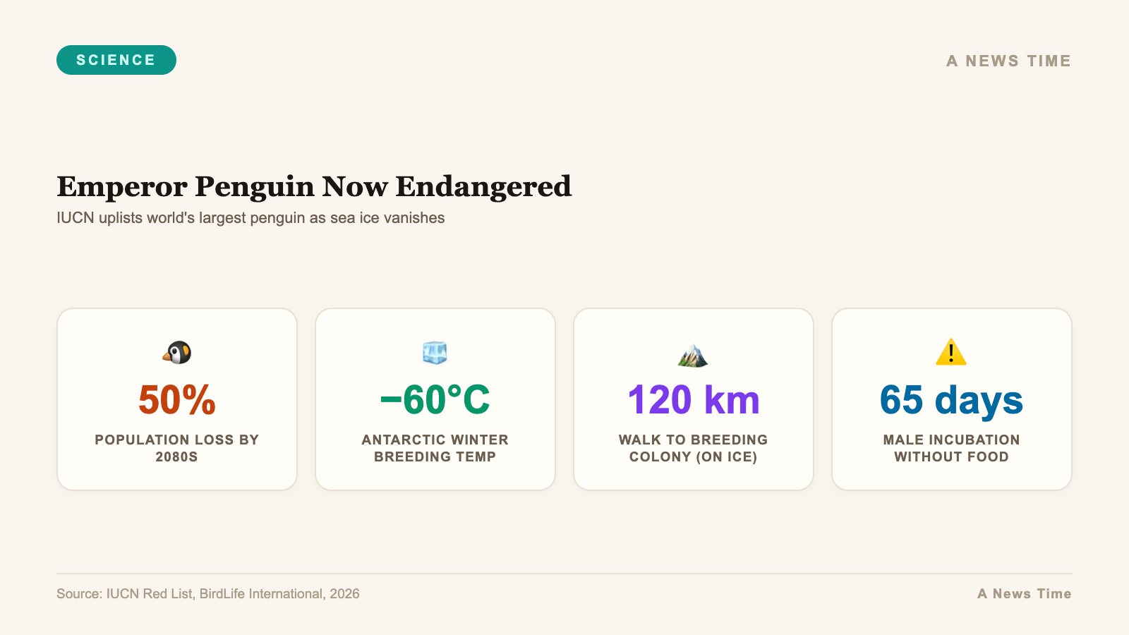 Infographic showing emperor penguin endangered classification and Antarctic sea ice loss statistics