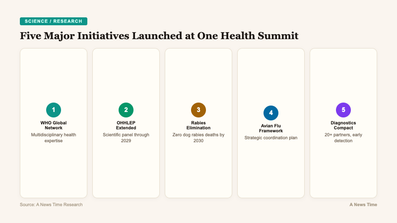 Process flow showing five major initiatives launched at One Health Summit from WHO network to diagnostics compact