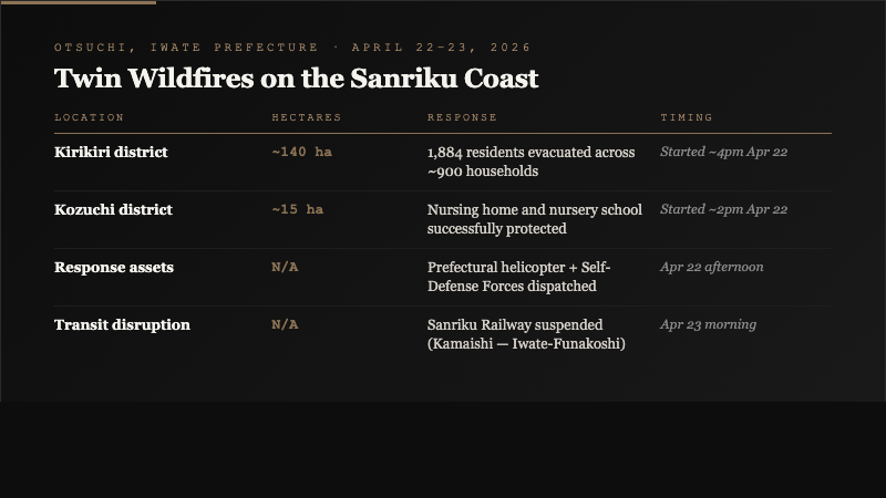 Response status table for Otsuchi twin wildfires showing Kirikiri district 140 hectares with 1884 evacuated, Kozuchi district 15 hectares, Self-Defense Forces deployment, and Sanriku Railway suspension