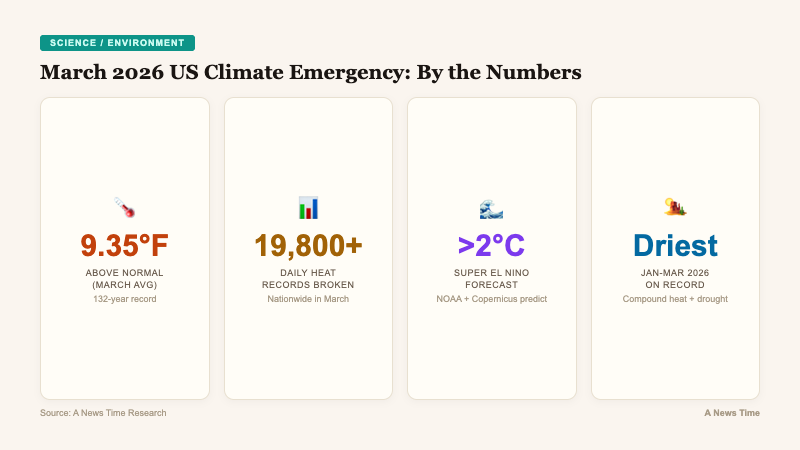 Key statistics card showing 9.35 degrees above normal and 19800 daily heat records broken with super El Nino forecast