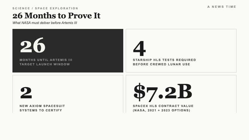 Stats card showing 26 months to Artemis III, 4 Starship HLS tests required, 2 Axiom spacesuit systems, and $7.2 billion SpaceX contract value