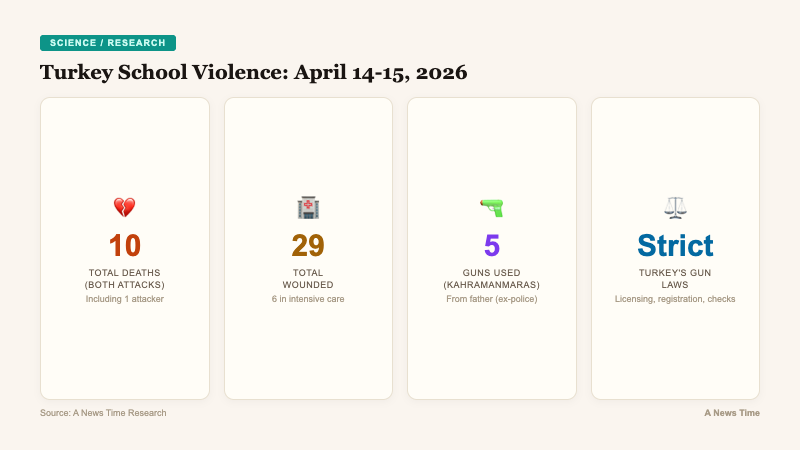 Key statistics card showing 10 total deaths 29 wounded and 5 guns used in Turkey school shootings April 2026