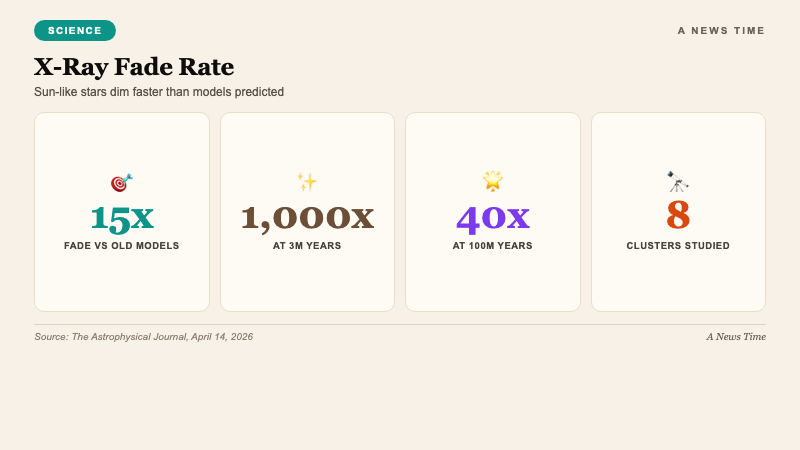 Science infographic showing sun-like star X-ray emission fade pattern from 3 million years 1000x current Sun down to 100 million years 40x current Sun with 15x faster fade rate finding