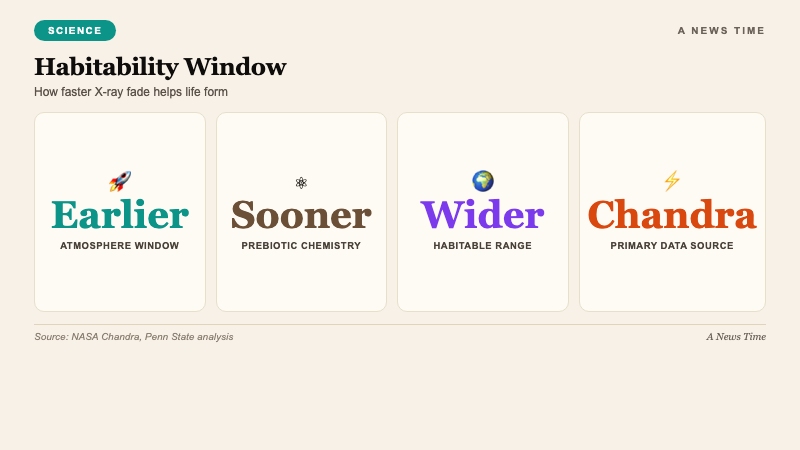 Science data visualization showing how earlier X-ray fade rate in sun-like stars opens habitability window for rocky exoplanets to develop atmospheres and biology