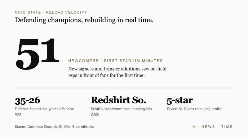 Ohio State reload velocity hero stat showing 51 newcomers in their first Ohio Stadium appearance during the 2026 spring game