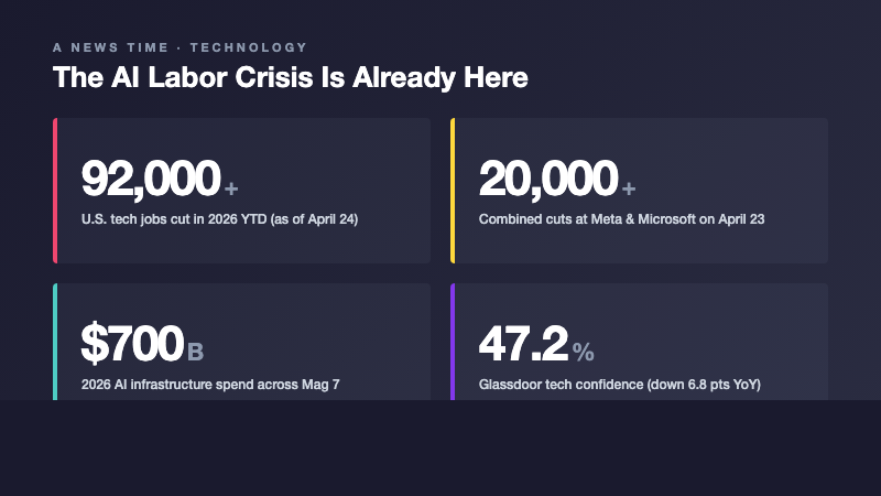 Stats card showing 92,000 tech layoffs in 2026 YTD, 20,000 combined Meta and Microsoft cuts, $700B AI infrastructure spend, and 47.2% Glassdoor confidence