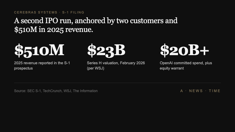 Cerebras Systems S-1 filing key stats showing $510M 2025 revenue, $23B Series H valuation, and $20B+ OpenAI commitment