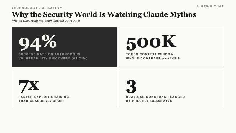 Four-stat card showing Claude Mythos's 94 percent vulnerability discovery rate, 500K context window, 7x exploit chaining speed, and 3 dual-use concerns