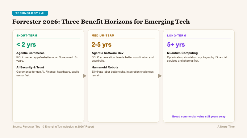 Process flow diagram showing Forrester three benefit horizons from short-term agentic commerce to long-term quantum computing
