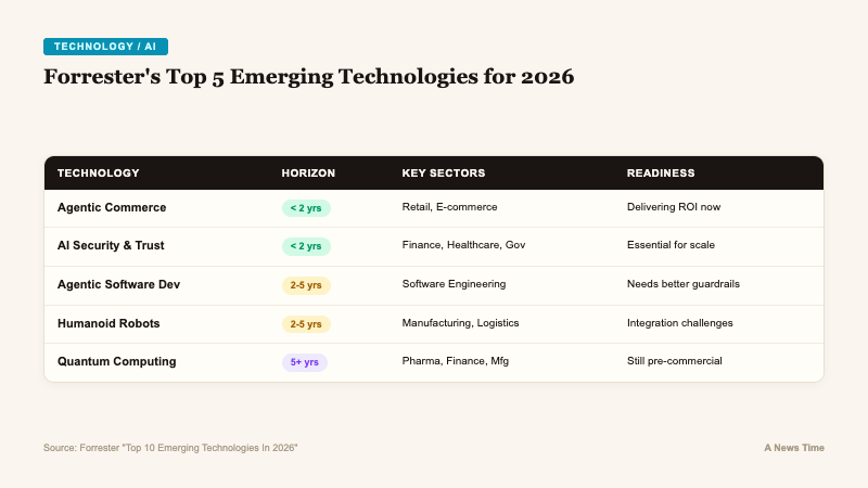 Comparison table of Forrester top five emerging technologies with timeline and sector readiness indicators