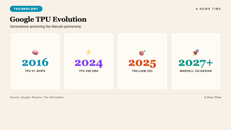 Technology infographic showing Google TPU generations evolution plus Marvell partnership projection for AI memory processing unit and inference chip