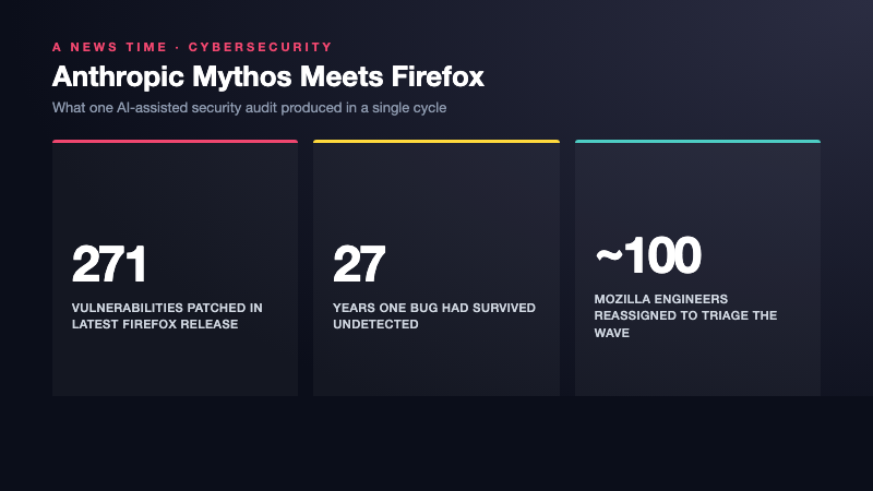 Stats card showing Anthropic Mythos found 271 Firefox vulnerabilities including a 27-year-old undetected flaw with 100 Mozilla engineers reassigned