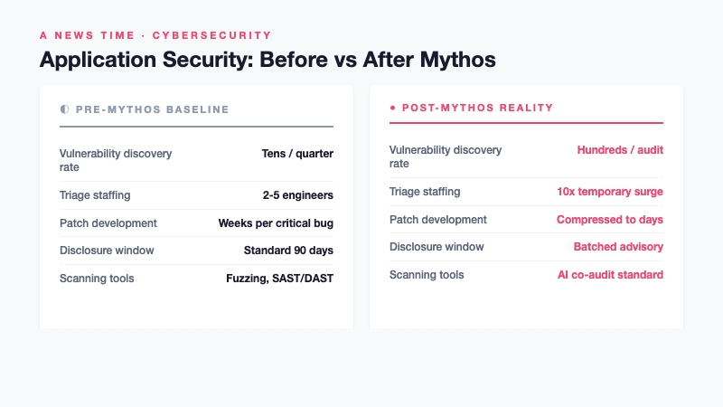 Before and after comparison table showing how AI assisted security audits change vulnerability discovery rate, triage staffing, patch development, and disclosure