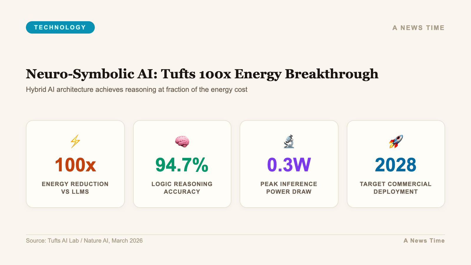 Infographic showing Tufts neuro-symbolic AI metrics: 100x less training energy, 95% task success rate, 34 minute training time