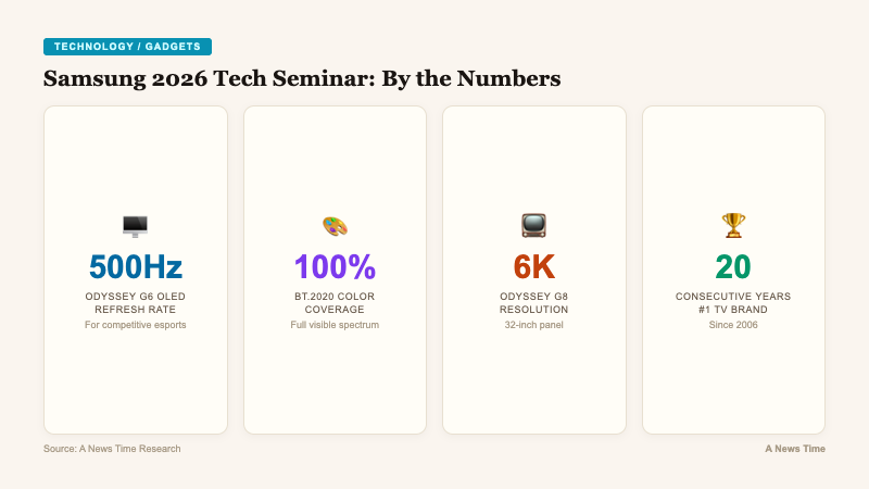 Key statistics card showing Samsung 500Hz gaming monitor 100 percent BT.2020 color and 20 consecutive years as top TV brand