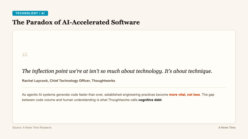 Pull quote card featuring Rachel Laycock CTO quote about technique over technology with cognitive debt concept explanation