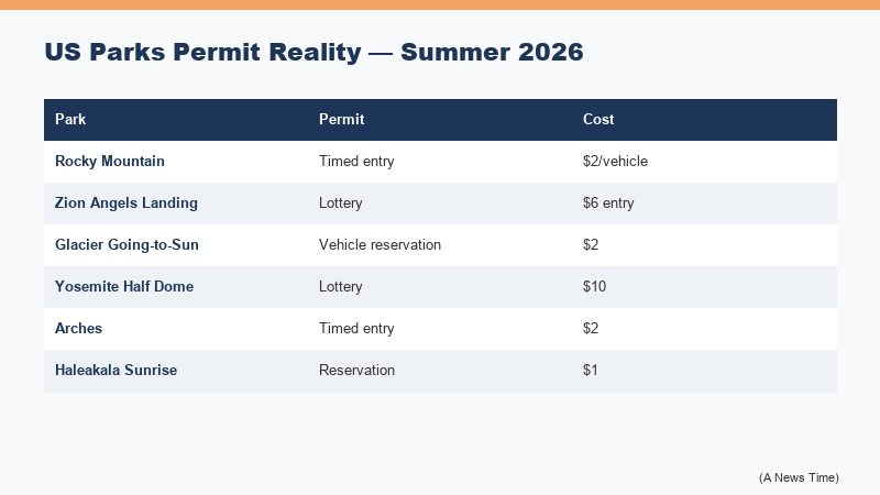 Infographic showing US national park summer 2026 permit systems with Rocky Mountain Angel's Landing and other timed-entry requirements mapped