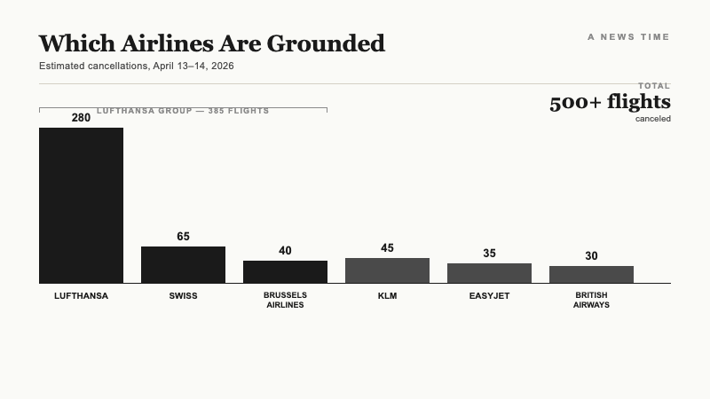 Vertical bar chart showing six affected airlines with Lufthansa at 280 cancellations leading SWISS Brussels Airlines KLM EasyJet and British Airways