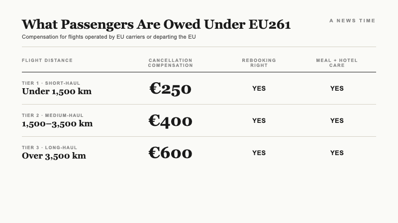 Three-tier table showing EU261 compensation rights for short haul 250 euros medium haul 400 euros and long haul 600 euros