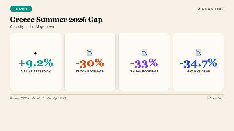 Travel infographic showing Greece summer 2026 booking declines by major European market compared with airline seat capacity increase and oil price backdrop