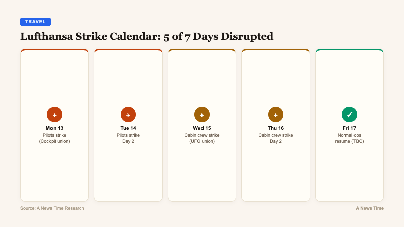 Timeline showing Lufthansa strike calendar from Monday through Friday with pilot and cabin crew walkouts on five of seven days