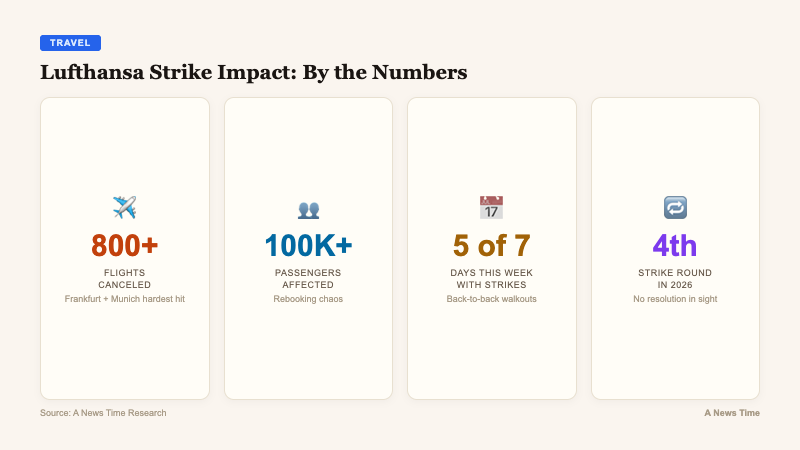 Key statistics card showing 800 plus flights canceled and 100000 passengers affected in fourth strike of 2026